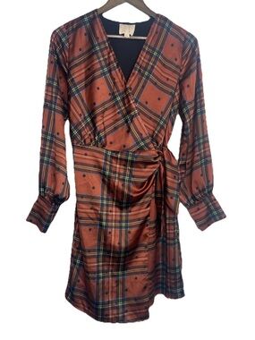 Anthropologie Nurode Women's Long Sleeve Plaid Wrap Dress Red and Black small